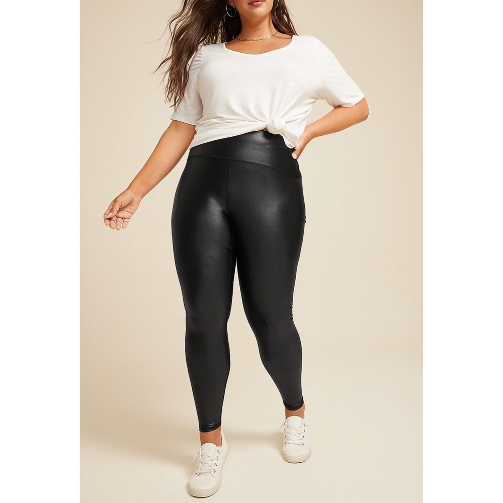 Maurices Womens 2X Black Faux Leather Liquid Leggings High‎ Rise Shiny Stretch